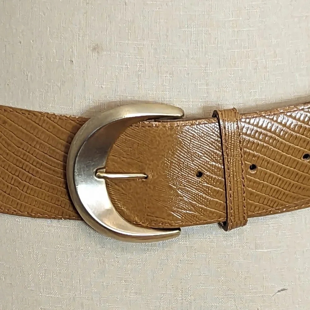 Vintage Textured Leather Belt Wide Tan Yellow‎ Brown Gold Tone Buckle Hardware
